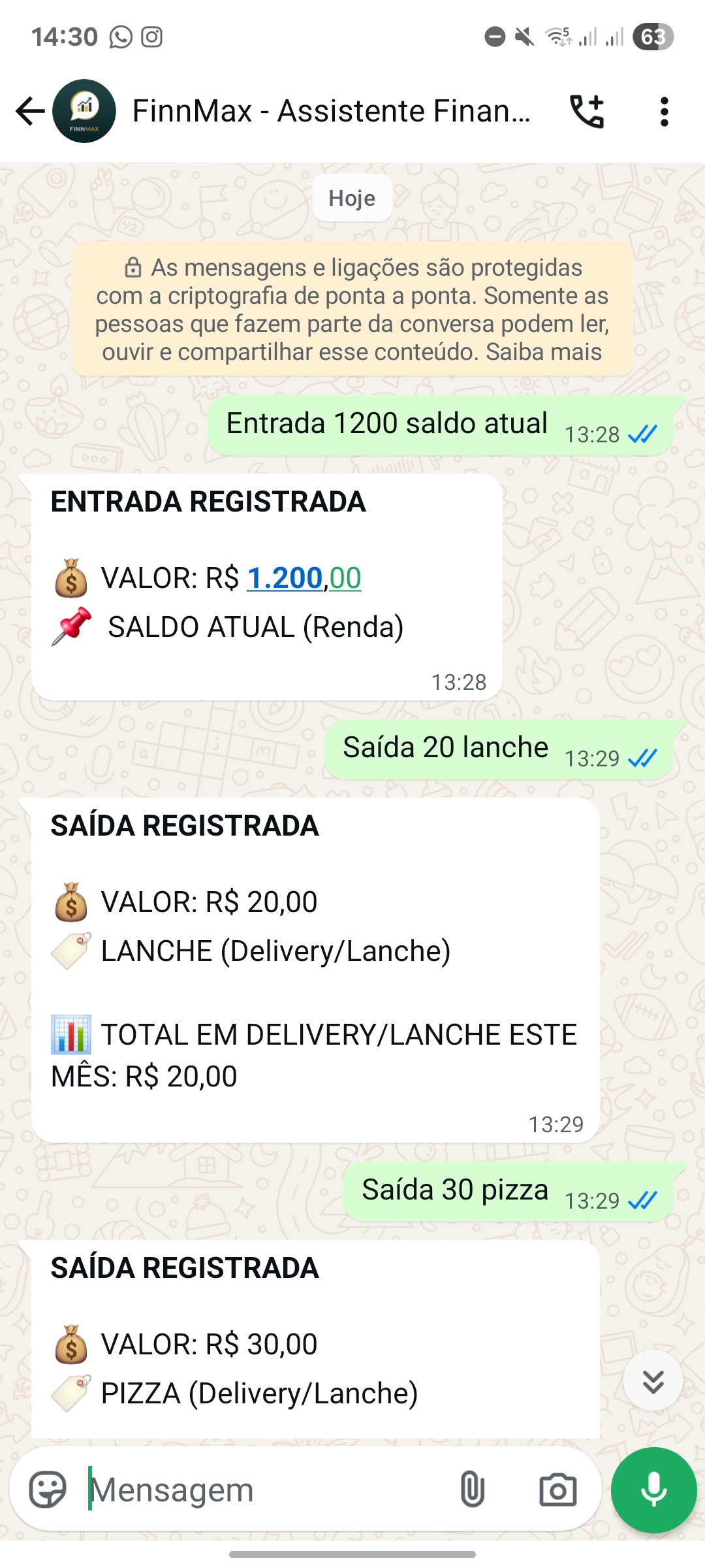 Print da tela do FinnMax mostrando registro de despesa